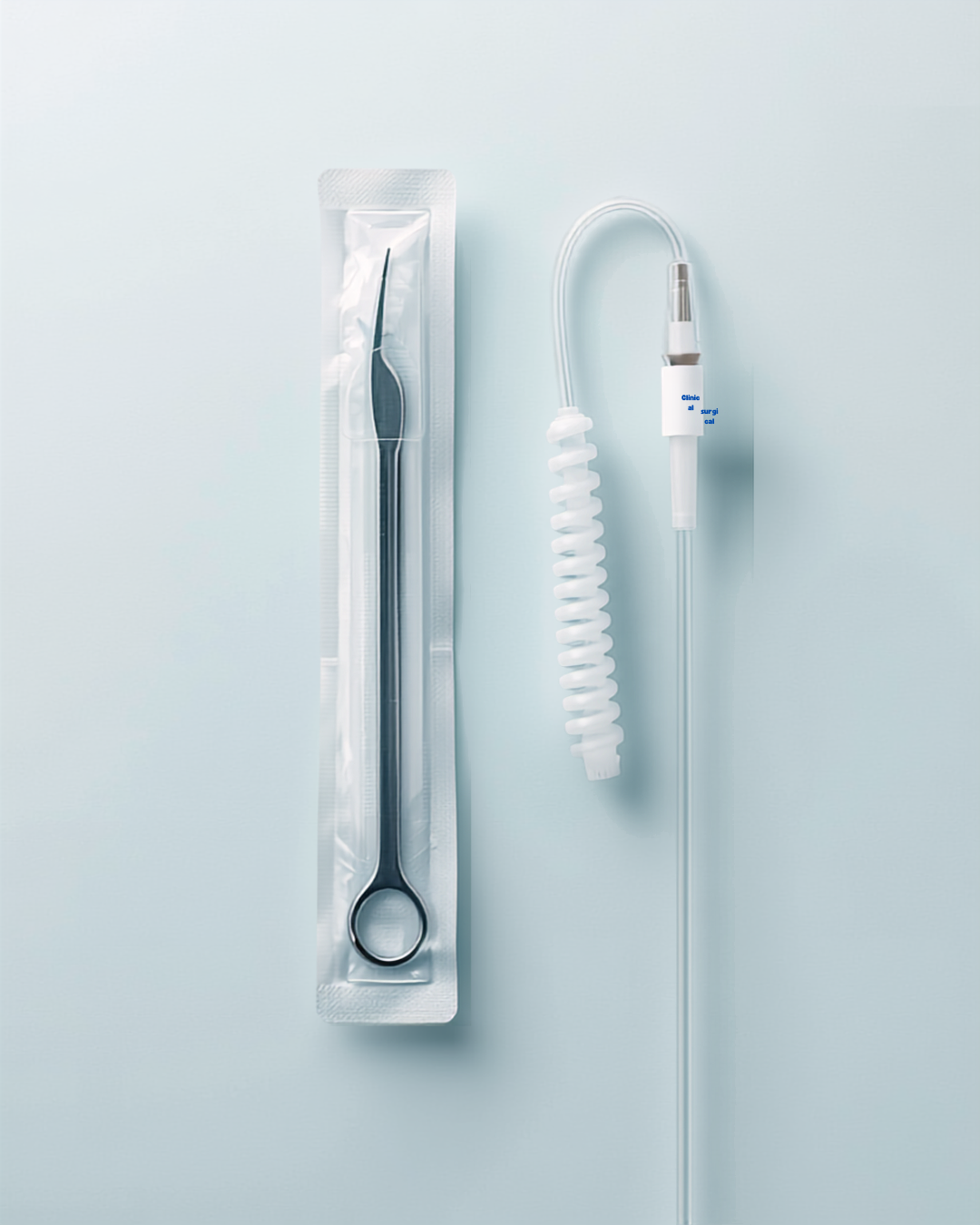 Consumables collection — sterile surgical scalpel and disposable IV administration set