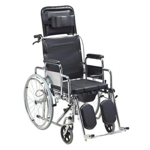 Reclining Commode Wheelchair, Chromed Steel Frame